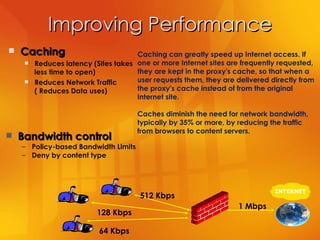 Improving Performance Caching can greatly speed up Internet access. If one or more Internet sites are frequently requested, they are kept in the proxy's cache, so that when a user requests them, they are delivered directly from the proxy's cache instead of from the original Internet site. Caches diminish the need for network bandwidth, typically by 35% or more, by reducing the traffic from browsers to content servers. Bandwidth control Policy-based Bandwidth Limits Deny by content type Caching Reduces latency (Sites takes less time to open) Reduces Network Traffic  ( Reduces Data uses) INTERNET 64 Kbps 128 Kbps 512 Kbps 1 Mbps 