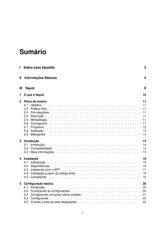 Sumário
I Sobre essa Apostila 2
II Informações Básicas 4
III Squid 9
1 O que é Squid 10
2 Plano de ensino 11
2.1 Objetivo . . . . . . . . . . . . . . . . . . . . . . . . . . . . . . . . . . . . . . . . . . . 11
2.2 Público Alvo . . . . . . . . . . . . . . . . . . . . . . . . . . . . . . . . . . . . . . . . . 11
2.3 Pré-requisitos . . . . . . . . . . . . . . . . . . . . . . . . . . . . . . . . . . . . . . . . 11
2.4 Descrição . . . . . . . . . . . . . . . . . . . . . . . . . . . . . . . . . . . . . . . . . . 11
2.5 Metodologia . . . . . . . . . . . . . . . . . . . . . . . . . . . . . . . . . . . . . . . . . 11
2.6 Cronograma . . . . . . . . . . . . . . . . . . . . . . . . . . . . . . . . . . . . . . . . 11
2.7 Programa . . . . . . . . . . . . . . . . . . . . . . . . . . . . . . . . . . . . . . . . . . 12
2.8 Avaliação . . . . . . . . . . . . . . . . . . . . . . . . . . . . . . . . . . . . . . . . . . 12
2.9 Bibliograﬁa . . . . . . . . . . . . . . . . . . . . . . . . . . . . . . . . . . . . . . . . . 13
3 Introdução 14
3.1 Introdução . . . . . . . . . . . . . . . . . . . . . . . . . . . . . . . . . . . . . . . . . . 14
3.2 Compatibilidade . . . . . . . . . . . . . . . . . . . . . . . . . . . . . . . . . . . . . . 14
3.3 Mais informações . . . . . . . . . . . . . . . . . . . . . . . . . . . . . . . . . . . . . . 15
4 Instalação 16
4.1 Indrodução . . . . . . . . . . . . . . . . . . . . . . . . . . . . . . . . . . . . . . . . . 16
4.2 Dependências . . . . . . . . . . . . . . . . . . . . . . . . . . . . . . . . . . . . . . . 16
4.3 Instalando com o APT . . . . . . . . . . . . . . . . . . . . . . . . . . . . . . . . . . . 17
4.4 Instalação a partir do código fonte . . . . . . . . . . . . . . . . . . . . . . . . . . . . 18
4.5 Compilando . . . . . . . . . . . . . . . . . . . . . . . . . . . . . . . . . . . . . . . . . 18
5 Conﬁguração básica 20
5.1 Introdução . . . . . . . . . . . . . . . . . . . . . . . . . . . . . . . . . . . . . . . . . . 20
5.2 Começando as conﬁgurações . . . . . . . . . . . . . . . . . . . . . . . . . . . . . . . 20
5.3 Conﬁgurando um proxy cache simples . . . . . . . . . . . . . . . . . . . . . . . . . . 21
5.4 Conﬁgurando . . . . . . . . . . . . . . . . . . . . . . . . . . . . . . . . . . . . . . . . 22
5.5 Criando a lista de sites bloqueados . . . . . . . . . . . . . . . . . . . . . . . . . . . . 22
1
 