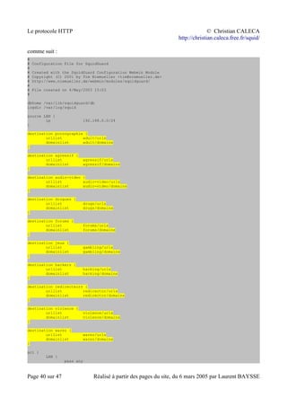Le protocole HTTP © Christian CALECA
http://christian.caleca.free.fr/squid/
comme suit :
#
# Configuration File for SquidGuard
#
# Created with the SquidGuard Configuration Webmin Module
# Copyright (C) 2001 by Tim Niemueller <tim@niemueller.de>
# http://www.niemueller.de/webmin/modules/squidguard/
#
# File created on 4/May/2003 15:03
#
dbhome /var/lib/squidguard/db
logdir /var/log/squid
source LAN {
ip 192.168.0.0/24
}
destination pornographie {
urllist adult/urls
domainlist adult/domains
}
destination agressif {
urllist agressif/urls
domainlist agressif/domains
}
destination audio-video {
urllist audio-video/urls
domainlist audio-video/domains
}
destination drogues {
urllist drugs/urls
domainlist drugs/domains
}
destination forums {
urllist forums/urls
domainlist forums/domains
}
destination jeux {
urllist gambling/urls
domainlist gambling/domains
}
destination hackers {
urllist hacking/urls
domainlist hacking/domains
}
destination redirecteurs {
urllist redirector/urls
domainlist redirector/domains
}
destination violence {
urllist violence/urls
domainlist violence/domains
}
destination warez {
urllist warez/urls
domainlist warez/domains
}
acl {
LAN {
pass any
Page 40 sur 47 Réalisé à partir des pages du site, du 6 mars 2005 par Laurent BAYSSE
 