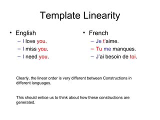 Template Linearity
• English
– I love you.
– I miss you.
– I need you.
• French
– Je t’aime.
– Tu me manques.
– J’ai besoin de toi.
Clearly, the linear order is very different between Constructions in
different languages.
This should entice us to think about how these constructions are
generated.
 