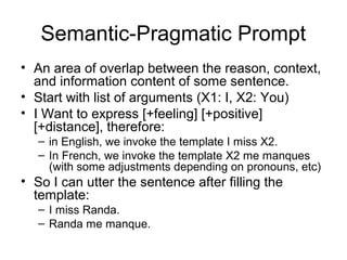 Semantic-Pragmatic Prompt
• An area of overlap between the reason, context,
and information content of some sentence.
• Start with list of arguments (X1: I, X2: You)
• I Want to express [+feeling] [+positive]
[+distance], therefore:
– in English, we invoke the template I miss X2.
– In French, we invoke the template X2 me manques
(with some adjustments depending on pronouns, etc)
• So I can utter the sentence after filling the
template:
– I miss Randa.
– Randa me manque.
 