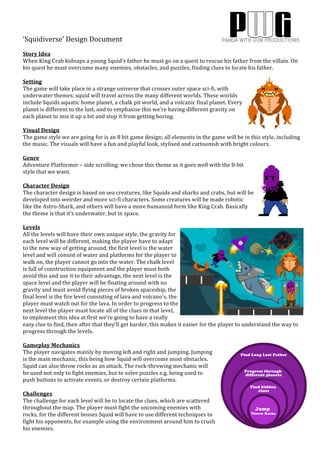 ‘Squidiverse’	
  Design	
  Document	
  
	
  
Story	
  Idea	
  
When	
  King	
  Crab	
  kidnaps	
  a	
  young	
  Squid’s	
  father	
  he	
  must	
  go	
  on	
  a	
  quest	
  to	
  rescue	
  his	
  father	
  from	
  the	
  villain.	
  On	
  
his	
  quest	
  he	
  must	
  overcome	
  many	
  enemies,	
  obstacles,	
  and	
  puzzles,	
  finding	
  clues	
  to	
  locate	
  his	
  father.	
  
	
  
Setting	
  
The	
  game	
  will	
  take	
  place	
  in	
  a	
  strange	
  universe	
  that	
  crosses	
  outer	
  space	
  sci-­‐fi,	
  with	
  
underwater	
  themes;	
  squid	
  will	
  travel	
  across	
  the	
  many	
  different	
  worlds.	
  These	
  worlds	
  
include	
  Squids	
  aquatic	
  home	
  planet,	
  a	
  chalk	
  pit	
  world,	
  and	
  a	
  volcanic	
  final	
  planet.	
  Every	
  
planet	
  is	
  different	
  to	
  the	
  last,	
  and	
  to	
  emphasise	
  this	
  we’re	
  having	
  different	
  gravity	
  on	
  
each	
  planet	
  to	
  mix	
  it	
  up	
  a	
  bit	
  and	
  stop	
  it	
  from	
  getting	
  boring.	
  
	
  
Visual	
  Design	
  
The	
  game	
  style	
  we	
  are	
  going	
  for	
  is	
  an	
  8	
  bit	
  game	
  design;	
  all	
  elements	
  in	
  the	
  game	
  will	
  be	
  in	
  this	
  style,	
  including	
  
the	
  music.	
  The	
  visuals	
  will	
  have	
  a	
  fun	
  and	
  playful	
  look,	
  stylised	
  and	
  cartoonish	
  with	
  bright	
  colours.	
  
	
  
Genre	
  
Adventure	
  Platformer	
  –	
  side	
  scrolling;	
  we	
  chose	
  this	
  theme	
  as	
  it	
  goes	
  well	
  with	
  the	
  8-­‐bit	
  
style	
  that	
  we	
  want.	
  
	
  
Character	
  Design	
  
The	
  character	
  design	
  is	
  based	
  on	
  sea	
  creatures,	
  like	
  Squids	
  and	
  sharks	
  and	
  crabs,	
  but	
  will	
  be	
  
developed	
  into	
  weirder	
  and	
  more	
  sci-­‐fi	
  characters.	
  Some	
  creatures	
  will	
  be	
  made	
  robotic	
  
like	
  the	
  Astro-­‐Shark,	
  and	
  others	
  will	
  have	
  a	
  more	
  humanoid	
  form	
  like	
  King	
  Crab.	
  Basically	
  
the	
  theme	
  is	
  that	
  it’s	
  underwater,	
  but	
  in	
  space.	
  
	
  
Levels	
  
All	
  the	
  levels	
  will	
  have	
  their	
  own	
  unique	
  style,	
  the	
  gravity	
  for	
  
each	
  level	
  will	
  be	
  different,	
  making	
  the	
  player	
  have	
  to	
  adapt	
  
to	
  the	
  new	
  way	
  of	
  getting	
  around,	
  the	
  first	
  level	
  is	
  the	
  water	
  
level	
  and	
  will	
  consist	
  of	
  water	
  and	
  platforms	
  for	
  the	
  player	
  to	
  
walk	
  on,	
  the	
  player	
  cannot	
  go	
  into	
  the	
  water.	
  The	
  chalk	
  level	
  
is	
  full	
  of	
  construction	
  equipment	
  and	
  the	
  player	
  must	
  both	
  
avoid	
  this	
  and	
  use	
  it	
  to	
  their	
  advantage,	
  the	
  next	
  level	
  is	
  the	
  
space	
  level	
  and	
  the	
  player	
  will	
  be	
  floating	
  around	
  with	
  no	
  
gravity	
  and	
  must	
  avoid	
  flying	
  pieces	
  of	
  broken	
  spaceship,	
  the	
  
final	
  level	
  is	
  the	
  fire	
  level	
  consisting	
  of	
  lava	
  and	
  volcano’s,	
  the	
  
player	
  must	
  watch	
  out	
  for	
  the	
  lava.	
  In	
  order	
  to	
  progress	
  to	
  the	
  
next	
  level	
  the	
  player	
  must	
  locate	
  all	
  of	
  the	
  clues	
  in	
  that	
  level,	
  
to	
  implement	
  this	
  idea	
  at	
  first	
  we’re	
  going	
  to	
  have	
  a	
  really	
  
easy	
  clue	
  to	
  find,	
  then	
  after	
  that	
  they’ll	
  get	
  harder,	
  this	
  makes	
  it	
  easier	
  for	
  the	
  player	
  to	
  understand	
  the	
  way	
  to	
  
progress	
  through	
  the	
  levels.	
  
	
  
Gameplay	
  Mechanics	
  
The	
  player	
  navigates	
  mainly	
  by	
  moving	
  left	
  and	
  right	
  and	
  jumping.	
  Jumping	
  
is	
  the	
  main	
  mechanic,	
  this	
  being	
  how	
  Squid	
  will	
  overcome	
  most	
  obstacles.	
  
Squid	
  can	
  also	
  throw	
  rocks	
  as	
  an	
  attack.	
  The	
  rock-­‐throwing	
  mechanic	
  will	
  
be	
  used	
  not	
  only	
  to	
  fight	
  enemies,	
  but	
  to	
  solve	
  puzzles	
  e.g.	
  being	
  used	
  to	
  
push	
  buttons	
  to	
  activate	
  events,	
  or	
  destroy	
  certain	
  platforms.	
  
	
  
Challenges	
  
The	
  challenge	
  for	
  each	
  level	
  will	
  be	
  to	
  locate	
  the	
  clues,	
  which	
  are	
  scattered	
  
throughout	
  the	
  map.	
  The	
  player	
  must	
  fight	
  the	
  oncoming	
  enemies	
  with	
  
rocks,	
  for	
  the	
  different	
  bosses	
  Squid	
  will	
  have	
  to	
  use	
  different	
  techniques	
  to	
  
fight	
  his	
  opponents,	
  for	
  example	
  using	
  the	
  environment	
  around	
  him	
  to	
  crush	
  
his	
  enemies.	
  

 