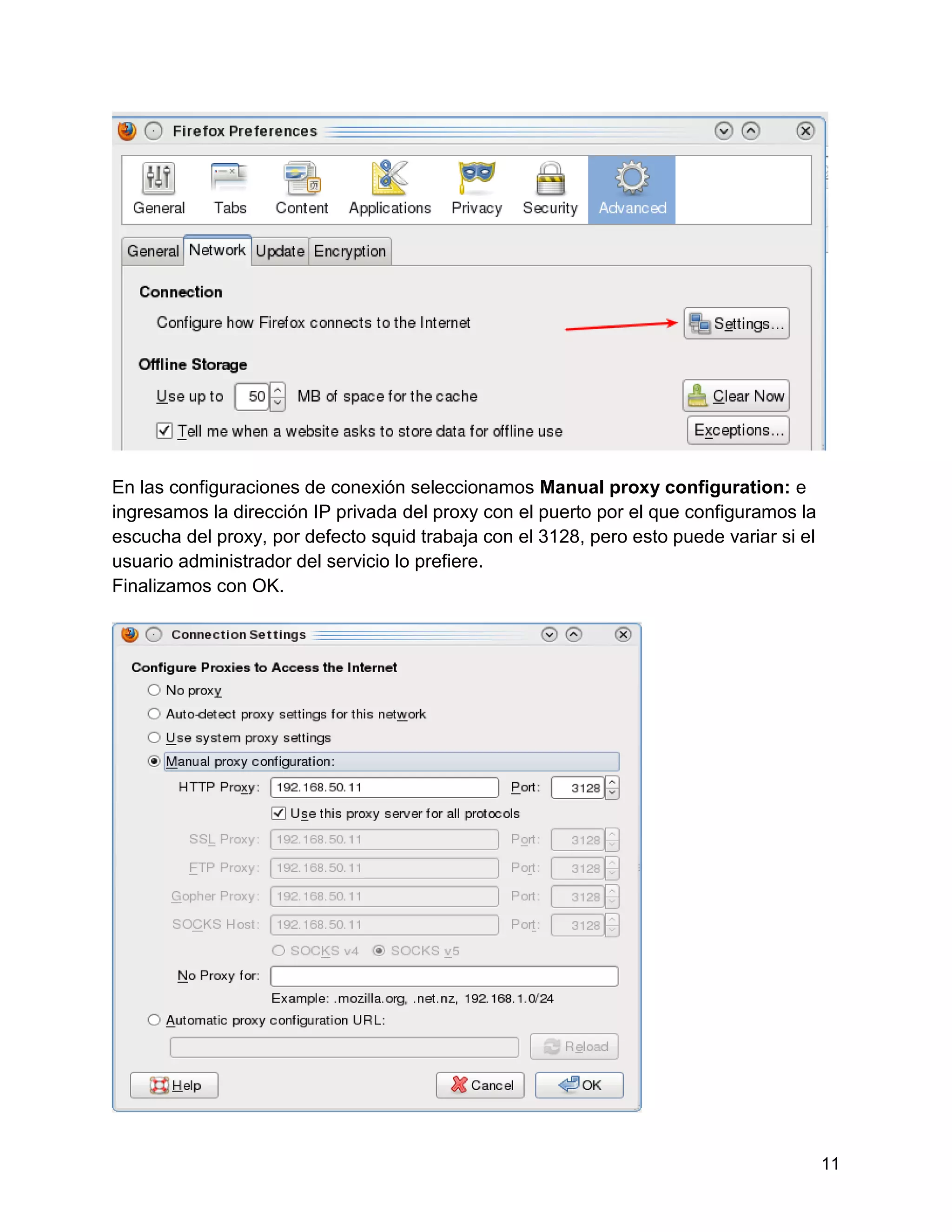 11
En las configuraciones de conexión seleccionamos Manual proxy configuration: e
ingresamos la dirección IP privada del proxy con el puerto por el que configuramos la
escucha del proxy, por defecto squid trabaja con el 3128, pero esto puede variar si el
usuario administrador del servicio lo prefiere.
Finalizamos con OK.
 