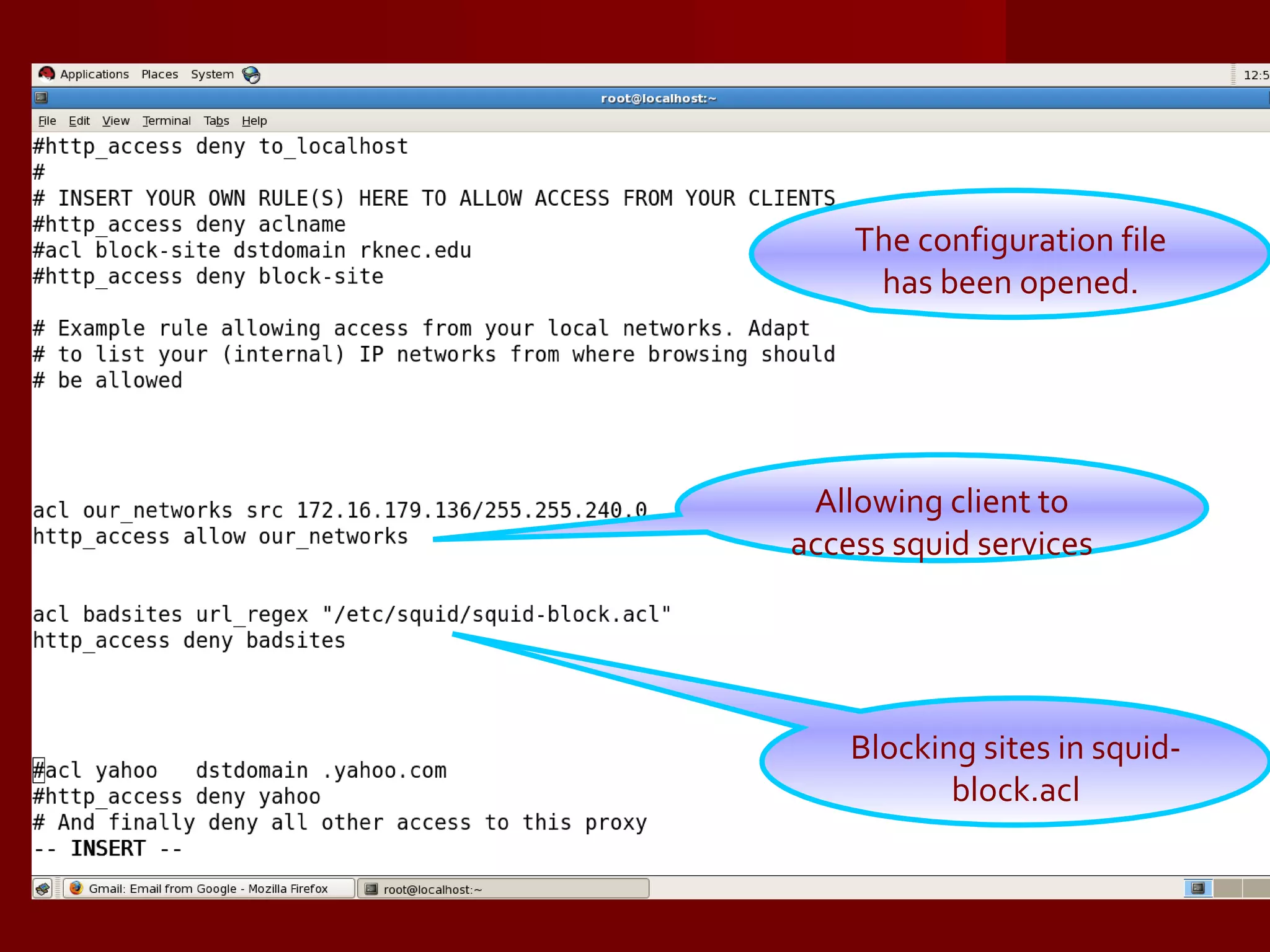 The configuration file has been opened. Allowing client to access squid services Blocking sites in squid-block.acl 