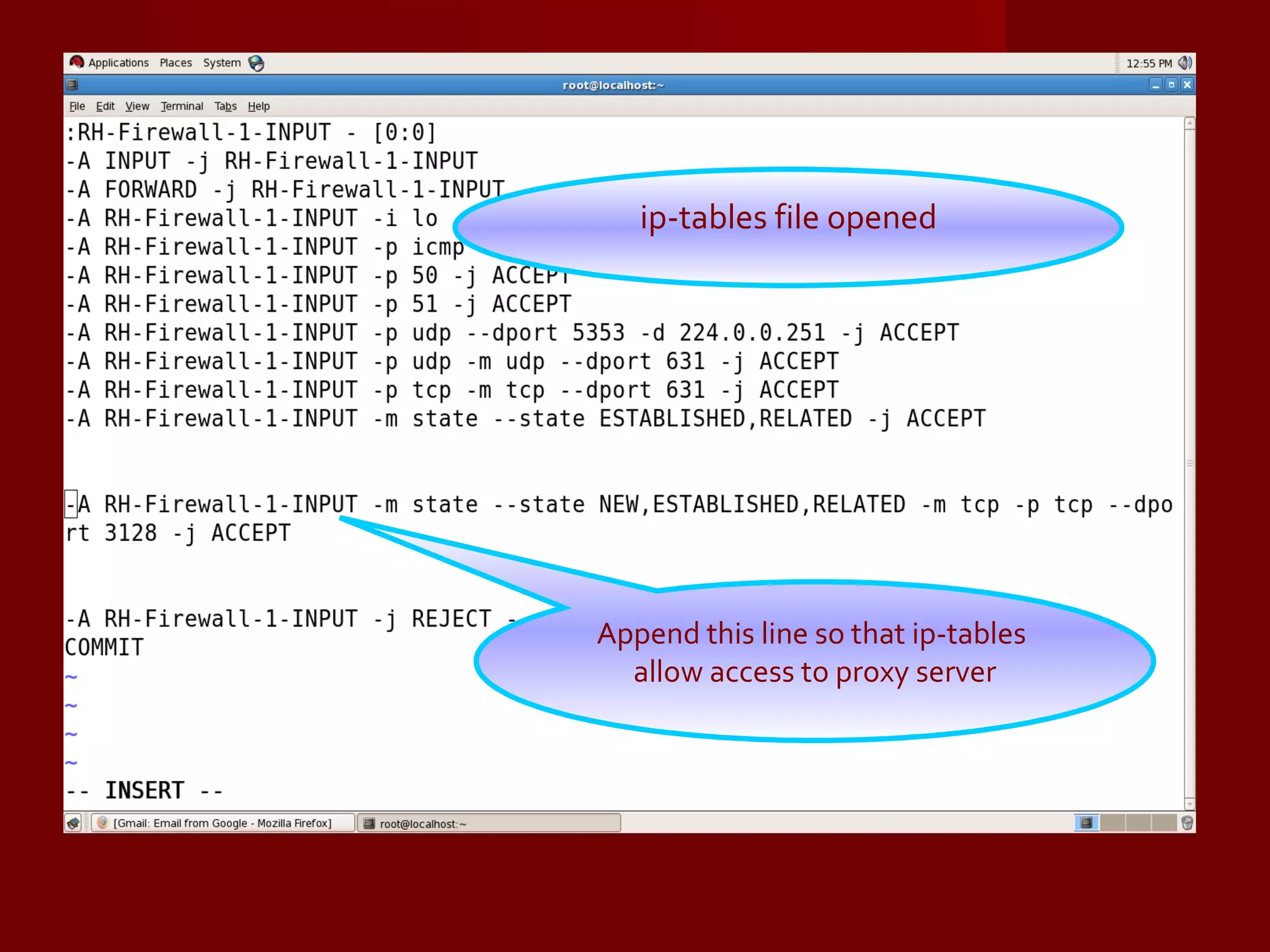 ip-tables file opened Append this line so that ip-tables  allow access to proxy server 