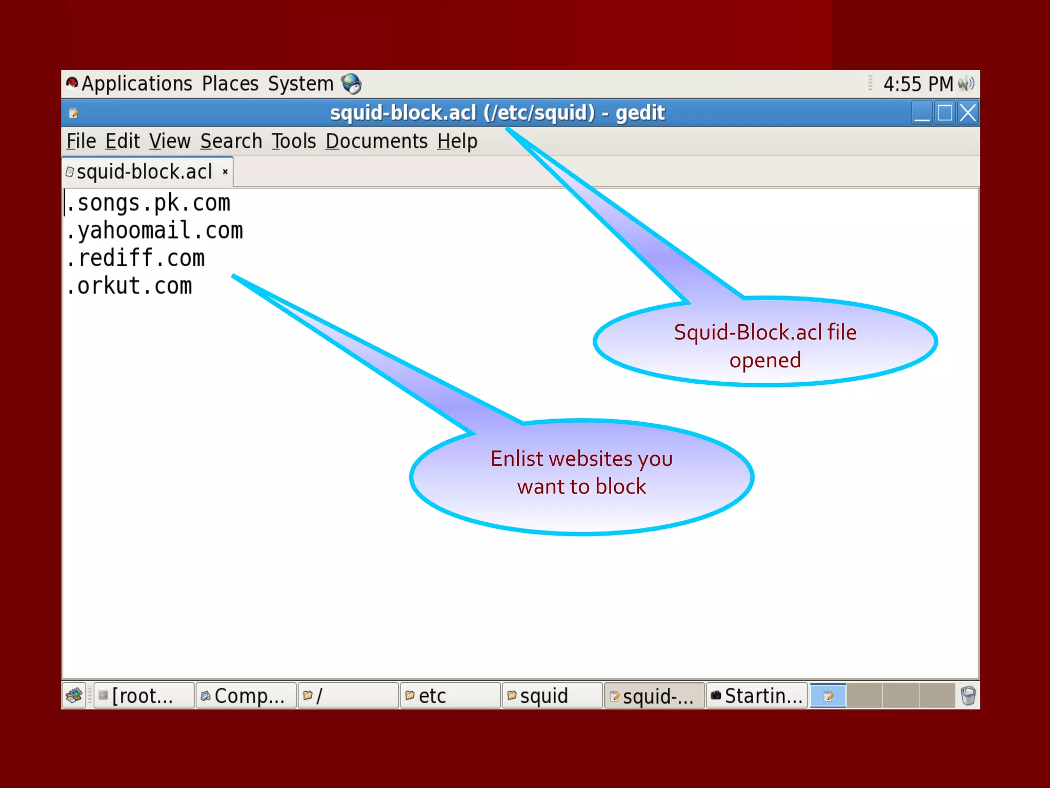 Squid-Block.acl file opened Enlist websites you want to block 