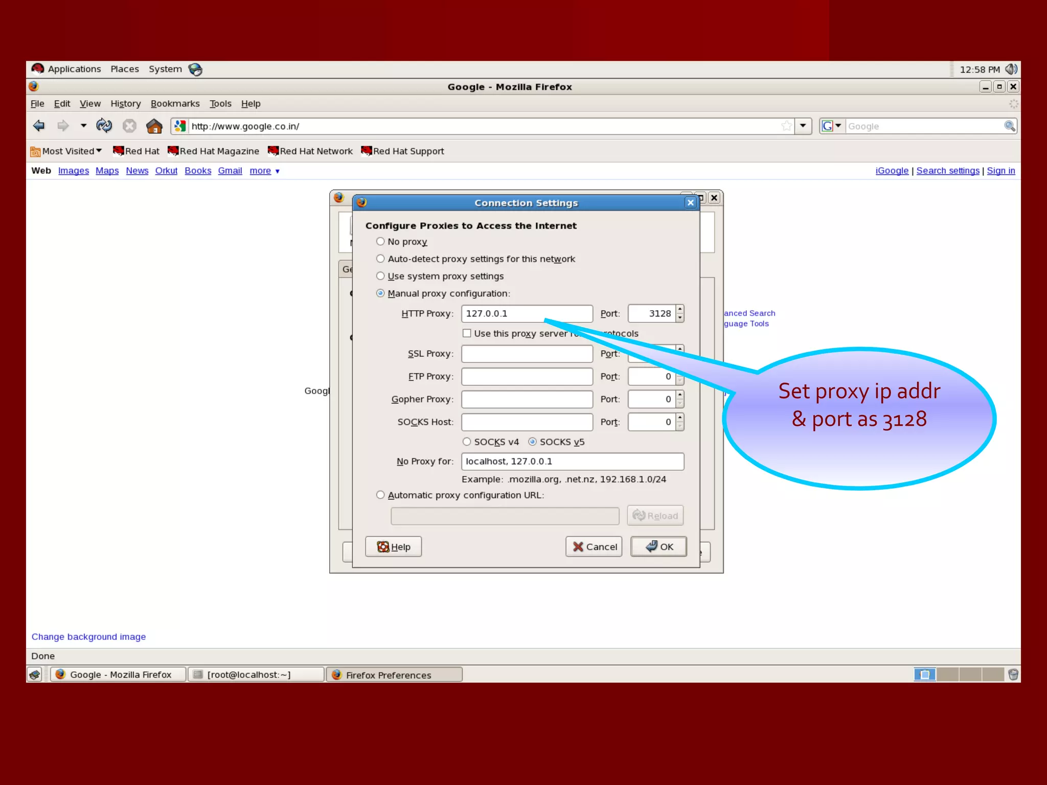 Set proxy ip addr & port as 3128 