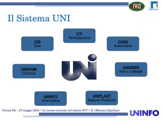 Forum PA – 27 maggio 2014 | Le norme tecniche nel settore ICT | D. (Mimmo) Squillace
Il Sistema UNI
UNICHIM
Chimica
CIG
Gas
UNINFO
Informatica
CTI
Termotecnica
UNSIDER
Ferro e Metalli
UNIPLAST
Materie Plastiche
CUNA
Automotive
 