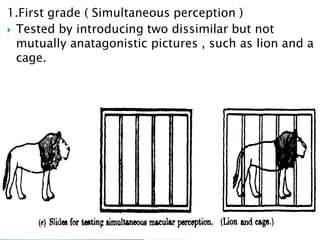 1.First grade ( Simultaneous perception )
 Tested by introducing two dissimilar but not
mutually anatagonistic pictures , such as lion and a
cage.
 