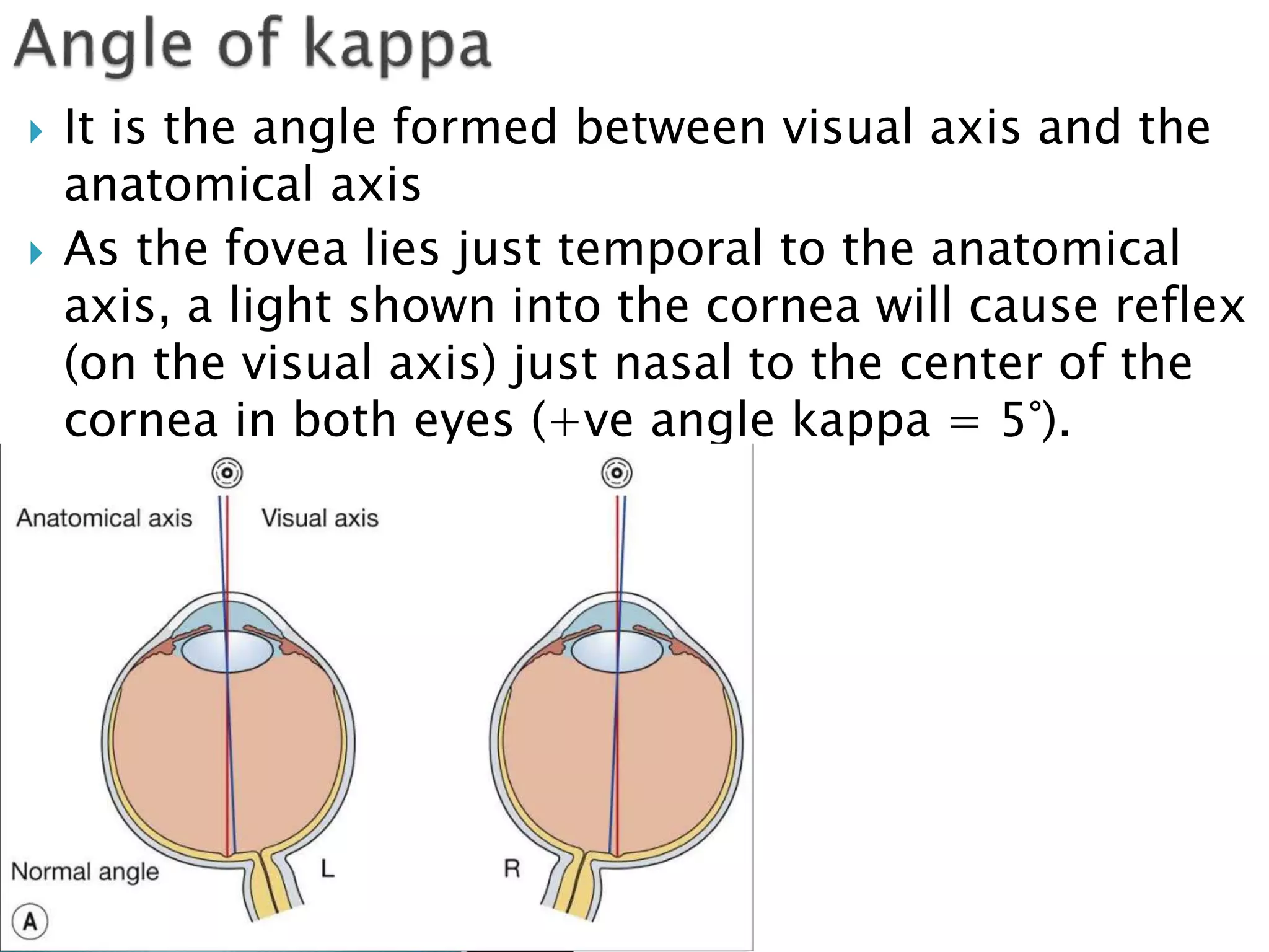  It is the angle formed between visual axis and the
anatomical axis
 As the fovea lies just temporal to the anatomical
axis, a light shown into the cornea will cause reflex
(on the visual axis) just nasal to the center of the
cornea in both eyes (+ve angle kappa = 5°).
 