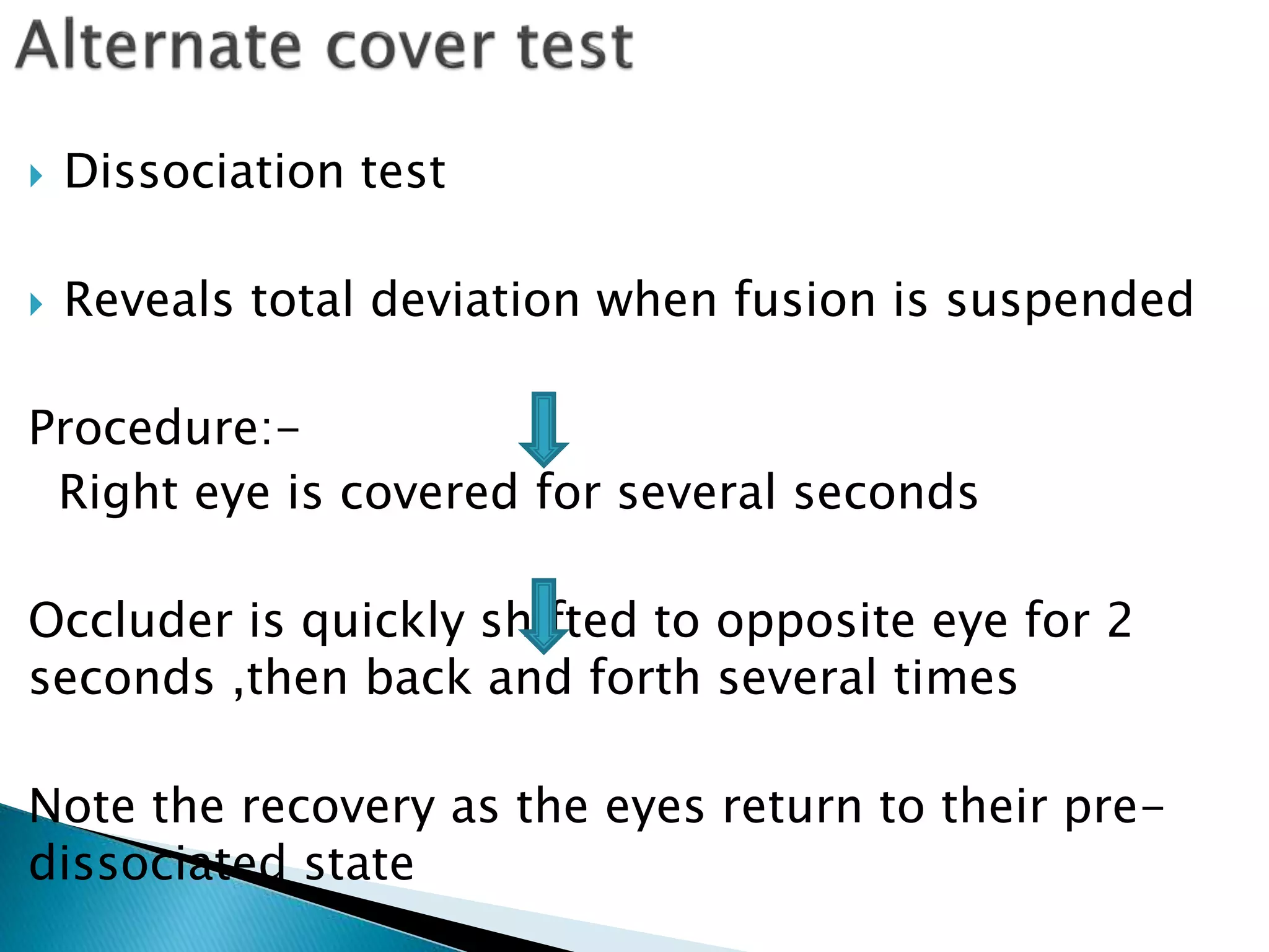  Dissociation test
 Reveals total deviation when fusion is suspended
Procedure:-
Right eye is covered for several seconds
Occluder is quickly shifted to opposite eye for 2
seconds ,then back and forth several times
Note the recovery as the eyes return to their pre-
dissociated state
 