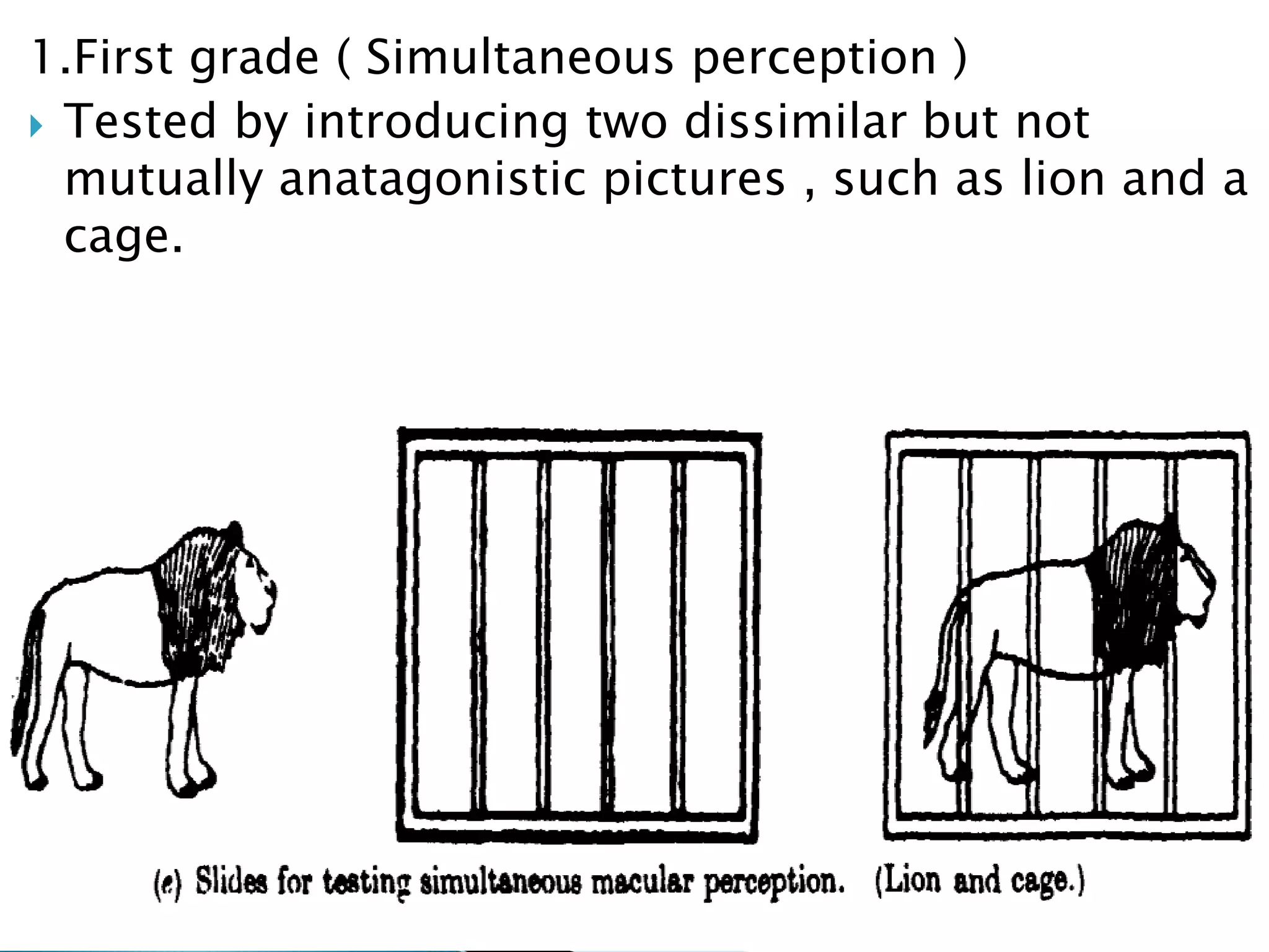 1.First grade ( Simultaneous perception )
 Tested by introducing two dissimilar but not
mutually anatagonistic pictures , such as lion and a
cage.
 