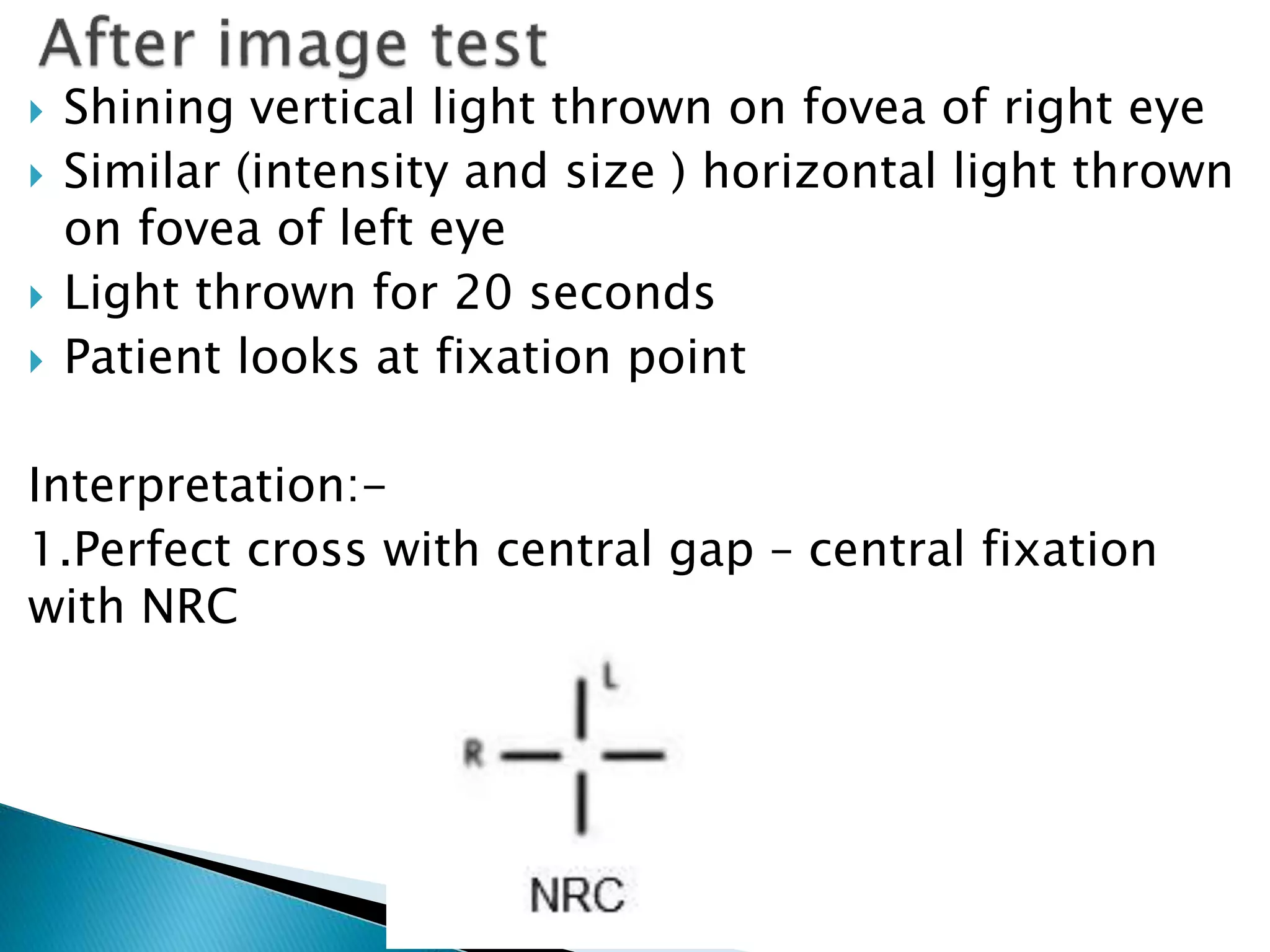  Shining vertical light thrown on fovea of right eye
 Similar (intensity and size ) horizontal light thrown
on fovea of left eye
 Light thrown for 20 seconds
 Patient looks at fixation point
Interpretation:-
1.Perfect cross with central gap – central fixation
with NRC
 