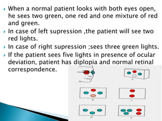  When a normal patient looks with both eyes open,
he sees two green, one red and one mixture of red
and green.
 In case of left supression ,the patient will see two
red lights.
 In case of right supression ;sees three green lights.
 If the patient sees five lights in presence of ocular
deviation, patient has diplopia and normal retinal
correspondence.
 
