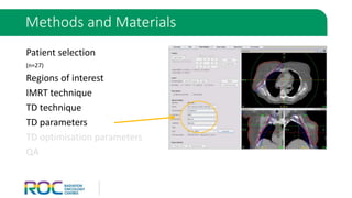 Patient selection
(n=27)
Regions of interest
IMRT technique
TD technique
TD parameters
TD optimisation parameters
QA
Methods and Materials
 