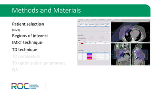 Patient selection
(n=27)
Regions of interest
IMRT technique
TD technique
TD parameters
TD optimisation parameters
QA
Methods and Materials
 