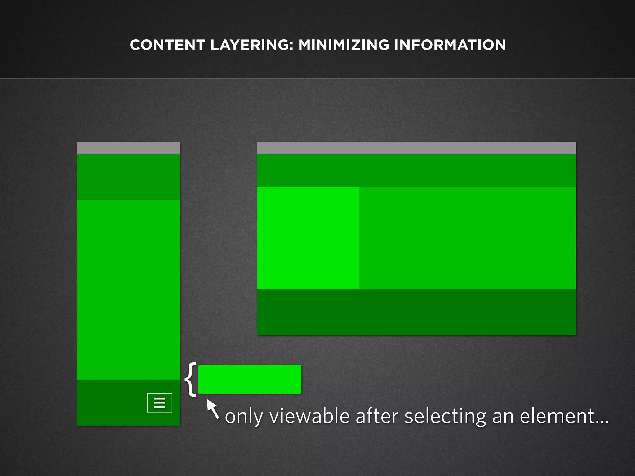 CONTENT LAYERING: MINIMIZING INFORMATION

III

{
only viewable after selecting an element...

 