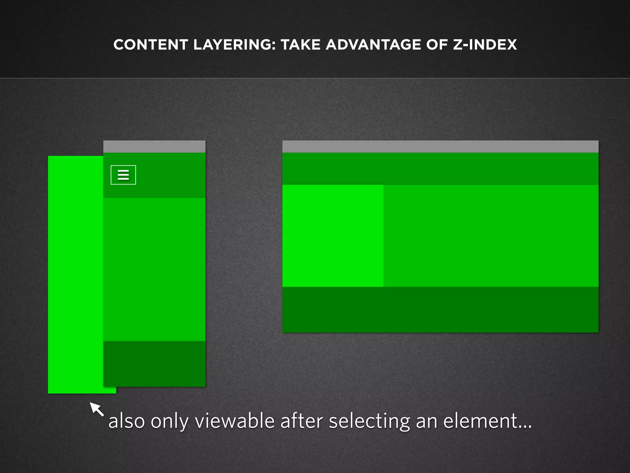 CONTENT LAYERING: TAKE ADVANTAGE OF Z-INDEX

III

also only viewable after selecting an element...

 