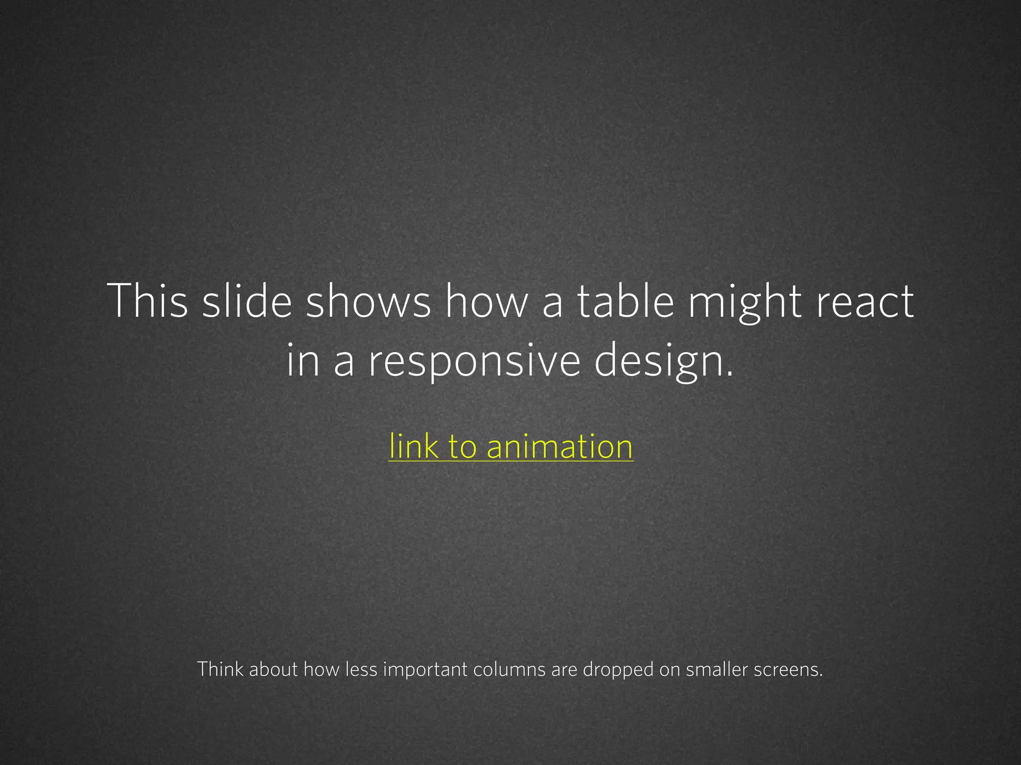 This slide shows how a table might react
in a responsive design.
link to animation

Think about how less important columns are dropped on smaller screens.

 