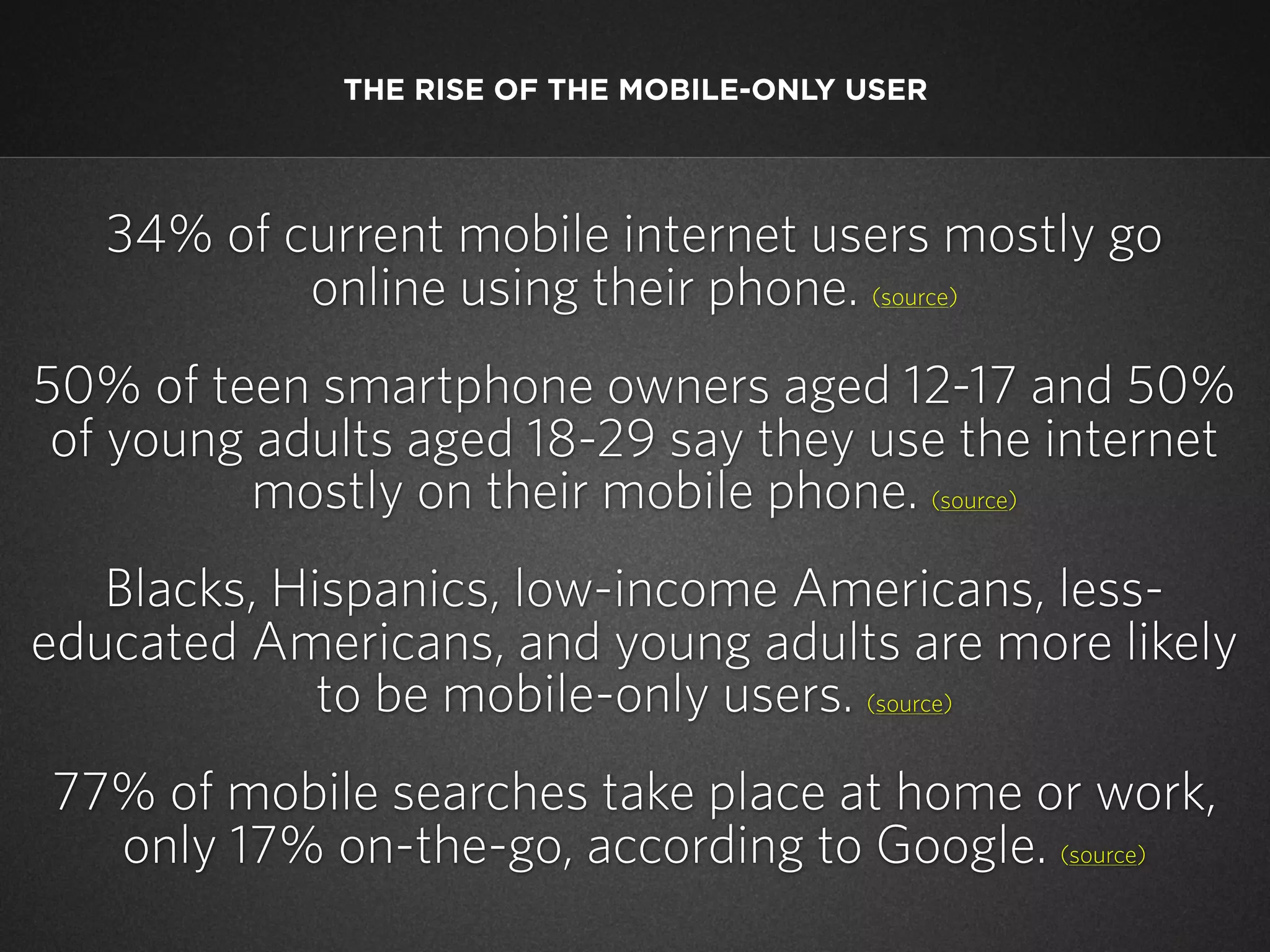 THE RISE OF THE MOBILE-ONLY USER

34% of current mobile internet users mostly go
online using their phone. (source)
50% of teen smartphone owners aged 12-17 and 50%
of young adults aged 18-29 say they use the internet
mostly on their mobile phone. (source)
Blacks, Hispanics, low-income Americans, lesseducated Americans, and young adults are more likely
to be mobile-only users. (source)
77% of mobile searches take place at home or work,
only 17% on-the-go, according to Google. (source)

 
