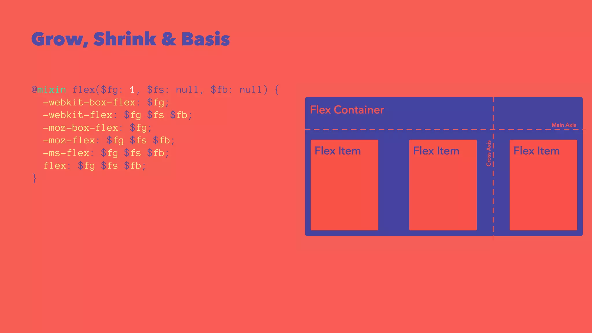 Grow, Shrink & Basis 
@mixin flex($fg: 1, $fs: null, $fb: null) { 
-webkit-box-flex: $fg; 
-webkit-flex: $fg $fs $fb; 
-moz-box-flex: $fg; 
-moz-flex: $fg $fs $fb; 
-ms-flex: $fg $fs $fb; 
flex: $fg $fs $fb; 
} 
 