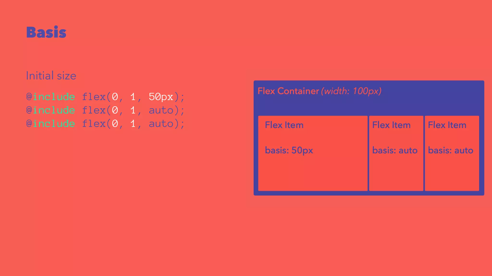 Basis 
Initial size 
@include flex(0, 1, 50px); 
@include flex(0, 1, auto); 
@include flex(0, 1, auto); 
 