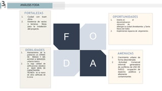 FORTALEZAS
OPORTUNIDADES
DEBILIDADES
AMENAZAS
F O
D A
CAP
3 ANÁLISIS FODA
1. Ciudad con buen
clima.
2. Existencia de vacíos
o terrenos libres
para la instalación
del proyecto.
1. Interés en el
decentralizacion
ubicación de
albergan la ciudad (Andabamba y Santa
María del Valle)
2. Implementar espacios de alojamiento .
1. Asentamiento de la
población en ZONAS
DE RIESGO Y SIN
ACCESO A SERVICIOS
urbanos básico
2. La baja calidad de
edificaciones obedece
al BAJO NIVEL DE
CAPACITACIÓN
TÉCNICA en la mano
de obra calificada de
la zona
1. Crecimiento urbano de
forma desordenada
2. Actividad Comercial
informal generadora
de conflictos de USO DE
SUELO, ocupación de
espacios públicos y
altamente
contaminantes
 