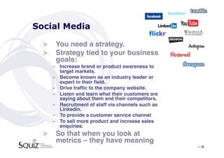 Social Media

  >  You need a strategy.!
  >  Strategy tied to your business
     goals:!
    -  Increase brand or product awareness to
       target markets.!
    -  Become known as an industry leader or
       expert in their ﬁeld.!
    -  Drive trafﬁc to the company website.!
    -  Listen and learn what their customers are
       saying about them and their competitors.!
    -  Recruitment of staff via channels such as
       Linkedin.!
    -  To provide a customer service channel!
    -  To sell more product and increase sales
       enquiries.!
  >  So that when you look at
     metrics – they have meaning!
                                                   > 18	

 