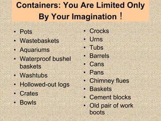 Containers: You Are Limited Only
By Your Imagination !
• Pots
• Wastebaskets
• Aquariums
• Waterproof bushel
baskets
• Washtubs
• Hollowed-out logs
• Crates
• Bowls
• Crocks
• Urns
• Tubs
• Barrels
• Cans
• Pans
• Chimney flues
• Baskets
• Cement blocks
• Old pair of work
boots
 