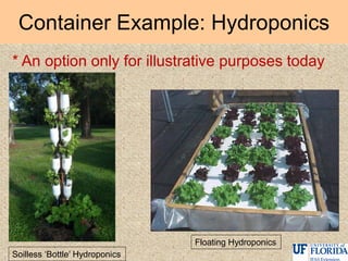Container Example: Hydroponics
Soilless „Bottle‟ Hydroponics
Floating Hydroponics
* An option only for illustrative purposes today
 