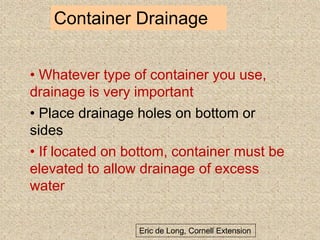Container Drainage
• Whatever type of container you use,
drainage is very important
• Place drainage holes on bottom or
sides
• If located on bottom, container must be
elevated to allow drainage of excess
water
Eric de Long, Cornell Extension
 