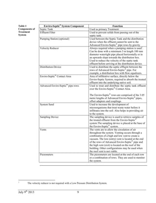 July 9th
2013 9
Table 1
Components of
Treatment
System
Enviro-Septic®
System Component Function
Septic Tank Used as primary Treatment
Effluent Filter Used to prevent solids from passing out of the
septic tank.
Pumping Station (optional) Used between the Septic Tank and the distribution
device when the effluent cannot be sent to the
Advanced Enviro-Septic®
pipe rows by gravity
Velocity Reducer Always required when a pumping station is used1
.
Can be done with a minimum 3 m length 100 mm
diameter watertight pipe placed horizontally or in
an upwards slope towards the distribution box.
Used to reduce the velocity of the septic tank
effluent before arriving at the distribution device.
Distribution Device Used to distribute the septic effluent between the
rows of Advanced Enviro-Septic®
pipe. For
example, a distribution box with flow equalizers.
Enviro-Septic®
Contact Area Area of infiltrative surface, directly below the
Enviro-Septic System, required to absorb the treated
effluent into the underlying native soil.
Advanced Enviro-Septic®
pipe rows Used to treat and distribute the septic tank effluent
over the Enviro-Septic®
Contact Area.
The Enviro-Septic®
rows are comprised of the 3.05
metre lengths of Advanced Enviro-Septic®
pipes,
offset adaptors and couplings.
System Sand Used to increase the development of
microorganisms that treat waste water before it
infiltrates into the soil. Also helps in providing air
to the system.
Sampling Device The sampling device is used to retrieve samples of
the treated effluent from the Enviro-Septic®
system.The sampling device is placed at the base of
the Enviro-Septic®
system.
Vents The vents are to allow the circulation of air
throughout the system. Venting occurs through a
combination of a high and low vent to create a
vacuum. The low (entry) vent is located at the end
of the rows of Advanced Enviro-Septic®
pipe and
the high vent (exit) is located on the roof of the
building. Other configurations may be used when
the roof vent is not viable.
Piezometers The piezometers are located at the end of each row
or a combination of rows. They are used to monitor
the system.
1
The velocity reducer is not required with a Low Pressure Distribution System.
 