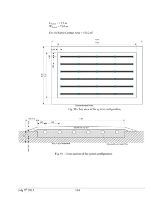 July 9th
2013 114
LSystem = 13,2 m
WSystem = 7.65 m
Enviro-Septic Contact Area = 100.2 m2
0,67 0,50
1,25
7,59
13,20
Embankment limits
15,30
9,69
Fig. 90 - Top view of the system configuration
Backfill and Top Soil
Rock, Clay or Watertable
0,67 1,25
7,59
0,20
0,70
Min0,45
Advanced Enviro-Septic Pipe
1,00
1,05 (1:3)
Fig. 91 – Cross-section of the system configuration
 