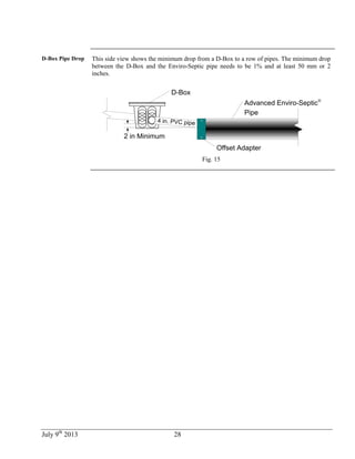 July 9th
2013 28
D-Box Pipe Drop This side view shows the minimum drop from a D-Box to a row of pipes. The minimum drop
between the D-Box and the Enviro-Septic pipe needs to be 1% and at least 50 mm or 2
inches.
4 in. PVC pipe
D-Box
Advanced Enviro-Septic®
Pipe
Offset Adapter
2 in Minimum
Fig. 15
 