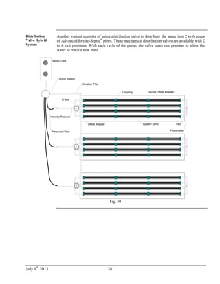 July 9th
2013 38
Distribution
Valve Hybrid
System
Another variant consists of using distribution valve to distribute the water into 2 to 6 zones
of Advanced Enviro-Septic®
pipes. These mechanical distribution valves are available with 2
to 6 exit positions. With each cycle of the pump, the valve turns one position to allow the
water to reach a new zone.
Septic Tank
System SandOffset Adapter
Coupling Double Offset Adapter
D-Box
Vent
Piezometer
Pump Station
Aeration Pipe
Velocity Reducer
Pressured Pipe
Fig. 30
 