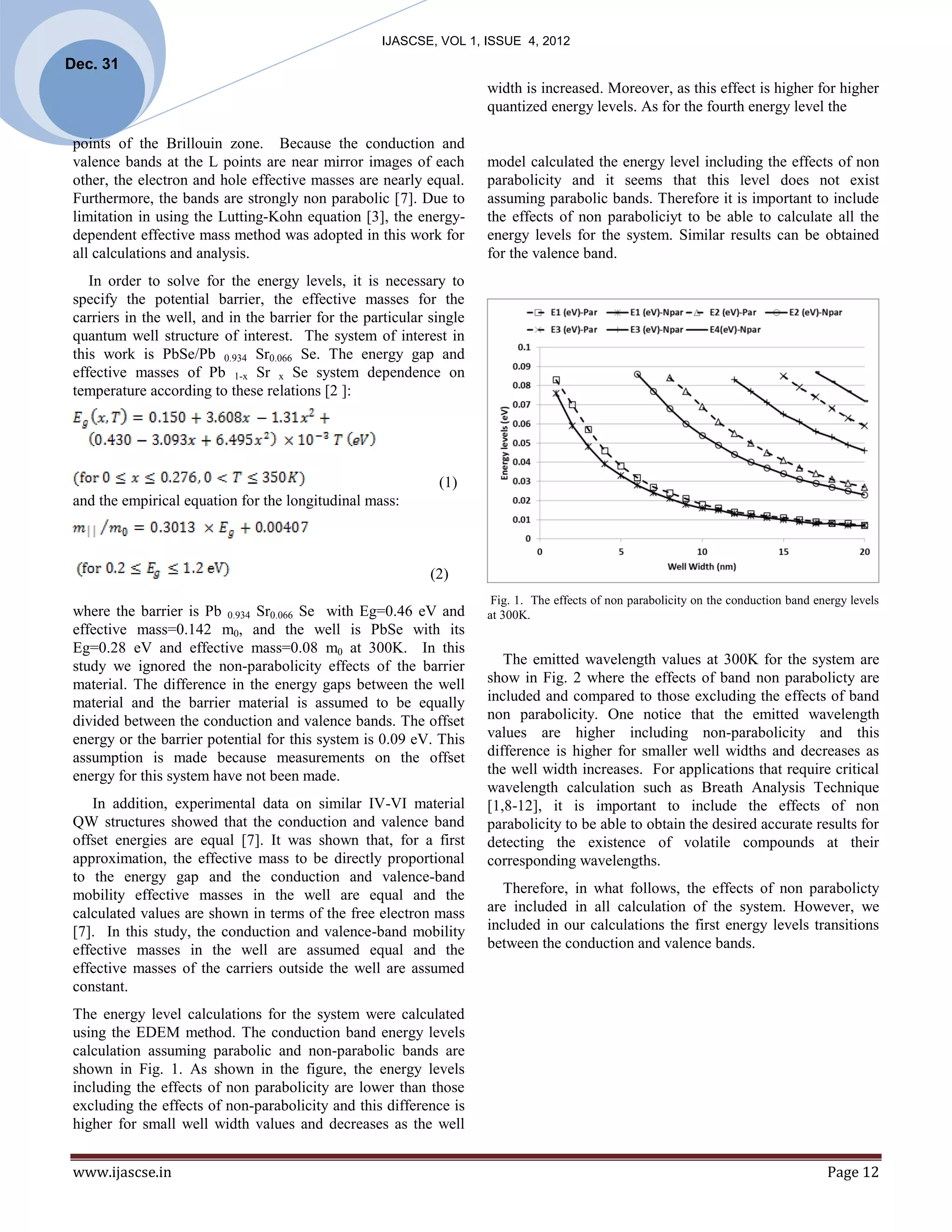 IJASCSE, VOL 1, ISSUE 4, 2012
Dec. 31
                                                                      width is increased. Moreover, as this effect is higher for higher
                                                                      quantized energy levels. As for the fourth energy level the

 points of the Brillouin zone. Because the conduction and
 valence bands at the L points are near mirror images of each         model calculated the energy level including the effects of non
 other, the electron and hole effective masses are nearly equal.      parabolicity and it seems that this level does not exist
 Furthermore, the bands are strongly non parabolic [7]. Due to        assuming parabolic bands. Therefore it is important to include
 limitation in using the Lutting-Kohn equation [3], the energy-       the effects of non paraboliciyt to be able to calculate all the
 dependent effective mass method was adopted in this work for         energy levels for the system. Similar results can be obtained
 all calculations and analysis.                                       for the valence band.
    In order to solve for the energy levels, it is necessary to
 specify the potential barrier, the effective masses for the
 carriers in the well, and in the barrier for the particular single
 quantum well structure of interest. The system of interest in
 this work is PbSe/Pb 0.934 Sr0.066 Se. The energy gap and
 effective masses of Pb 1-x Sr x Se system dependence on
 temperature according to these relations [2 ]:




                                                              (1)
 and the empirical equation for the longitudinal mass:



                                                             (2)
                                                                       Fig. 1. The effects of non parabolicity on the conduction band energy levels
 where the barrier is Pb 0.934 Sr0.066 Se with Eg=0.46 eV and         at 300K.
 effective mass=0.142 m0, and the well is PbSe with its
 Eg=0.28 eV and effective mass=0.08 m0 at 300K. In this
 study we ignored the non-parabolicity effects of the barrier            The emitted wavelength values at 300K for the system are
 material. The difference in the energy gaps between the well         show in Fig. 2 where the effects of band non parabolicty are
 material and the barrier material is assumed to be equally           included and compared to those excluding the effects of band
 divided between the conduction and valence bands. The offset         non parabolicity. One notice that the emitted wavelength
 energy or the barrier potential for this system is 0.09 eV. This     values are higher including non-parabolicity and this
 assumption is made because measurements on the offset                difference is higher for smaller well widths and decreases as
 energy for this system have not been made.                           the well width increases. For applications that require critical
                                                                      wavelength calculation such as Breath Analysis Technique
    In addition, experimental data on similar IV-VI material          [1,8-12], it is important to include the effects of non
 QW structures showed that the conduction and valence band            parabolicity to be able to obtain the desired accurate results for
 offset energies are equal [7]. It was shown that, for a first        detecting the existence of volatile compounds at their
 approximation, the effective mass to be directly proportional        corresponding wavelengths.
 to the energy gap and the conduction and valence-band
 mobility effective masses in the well are equal and the                 Therefore, in what follows, the effects of non parabolicty
 calculated values are shown in terms of the free electron mass       are included in all calculation of the system. However, we
 [7]. In this study, the conduction and valence-band mobility         included in our calculations the first energy levels transitions
 effective masses in the well are assumed equal and the               between the conduction and valence bands.
 effective masses of the carriers outside the well are assumed
 constant.
 The energy level calculations for the system were calculated
 using the EDEM method. The conduction band energy levels
 calculation assuming parabolic and non-parabolic bands are
 shown in Fig. 1. As shown in the figure, the energy levels
 including the effects of non parabolicity are lower than those
 excluding the effects of non-parabolicity and this difference is
 higher for small well width values and decreases as the well


 www.ijascse.in                                                                                                                         Page 12
 