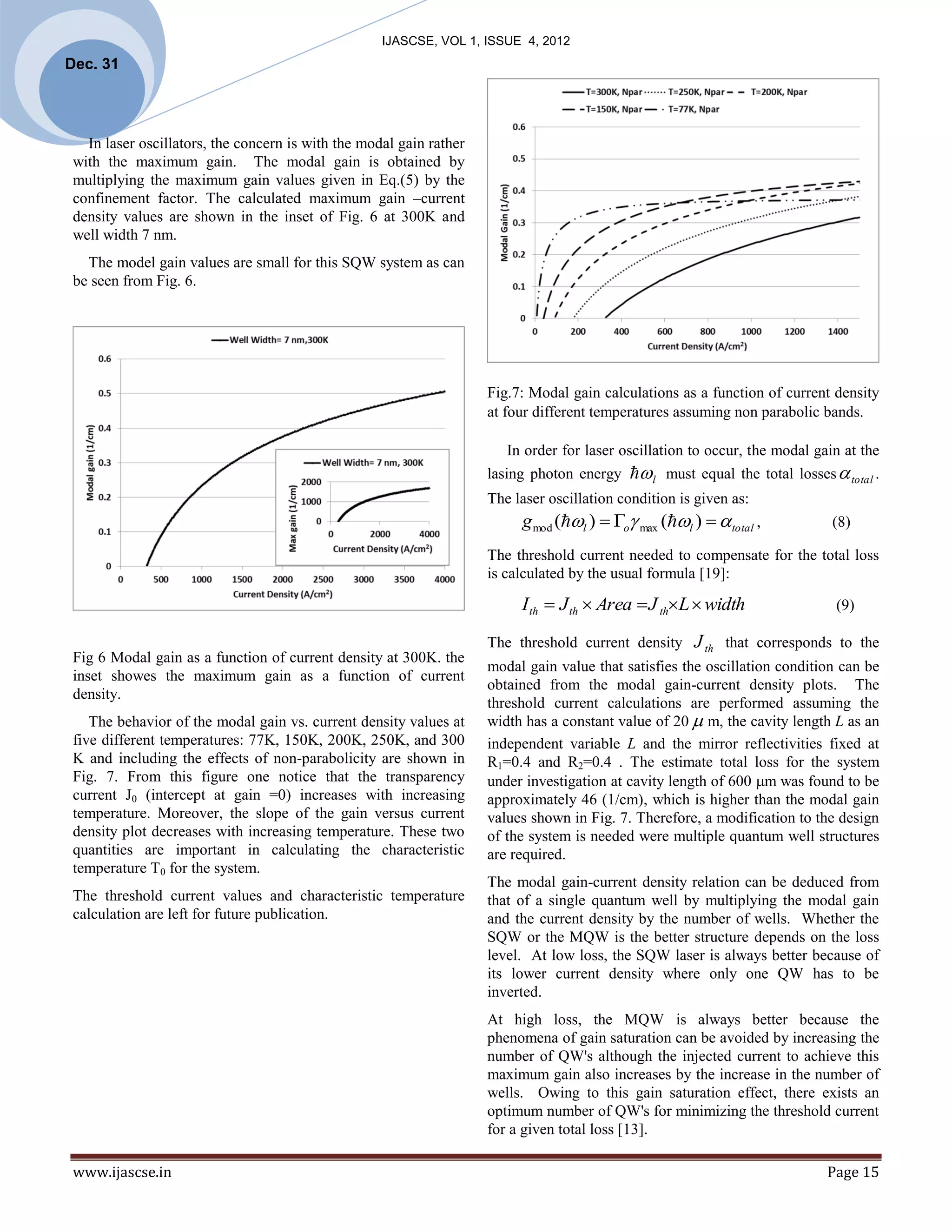 IJASCSE, VOL 1, ISSUE 4, 2012
Dec. 31




   In laser oscillators, the concern is with the modal gain rather
 with the maximum gain. The modal gain is obtained by
 multiplying the maximum gain values given in Eq.(5) by the
 confinement factor. The calculated maximum gain –current
 density values are shown in the inset of Fig. 6 at 300K and
 well width 7 nm.
   The model gain values are small for this SQW system as can
 be seen from Fig. 6.




                                                                     Fig.7: Modal gain calculations as a function of current density
                                                                     at four different temperatures assuming non parabolic bands.

                                                                        In order for laser oscillation to occur, the modal gain at the
                                                                     lasing photon energy   l must equal the total losses  total .
                                                                     The laser oscillation condition is given as:
                                                                          g mod (l )  o max (l )   total ,           (8)

                                                                     The threshold current needed to compensate for the total loss
                                                                     is calculated by the usual formula [19]:

                                                                          I th  J th  Area  J thL  width                 (9)

                                                                     The threshold current density     J th that corresponds to the
 Fig 6 Modal gain as a function of current density at 300K. the
                                                                     modal gain value that satisfies the oscillation condition can be
 inset showes the maximum gain as a function of current
                                                                     obtained from the modal gain-current density plots. The
 density.
                                                                     threshold current calculations are performed assuming the
    The behavior of the modal gain vs. current density values at     width has a constant value of 20  m, the cavity length L as an
 five different temperatures: 77K, 150K, 200K, 250K, and 300         independent variable L and the mirror reflectivities fixed at
 K and including the effects of non-parabolicity are shown in        R1=0.4 and R2=0.4 . The estimate total loss for the system
 Fig. 7. From this figure one notice that the transparency           under investigation at cavity length of 600 m was found to be
 current J0 (intercept at gain =0) increases with increasing         approximately 46 (1/cm), which is higher than the modal gain
 temperature. Moreover, the slope of the gain versus current         values shown in Fig. 7. Therefore, a modification to the design
 density plot decreases with increasing temperature. These two       of the system is needed were multiple quantum well structures
 quantities are important in calculating the characteristic          are required.
 temperature T0 for the system.
                                                                     The modal gain-current density relation can be deduced from
 The threshold current values and characteristic temperature         that of a single quantum well by multiplying the modal gain
 calculation are left for future publication.                        and the current density by the number of wells. Whether the
                                                                     SQW or the MQW is the better structure depends on the loss
                                                                     level. At low loss, the SQW laser is always better because of
                                                                     its lower current density where only one QW has to be
                                                                     inverted.
                                                                     At high loss, the MQW is always better because the
                                                                     phenomena of gain saturation can be avoided by increasing the
                                                                     number of QW's although the injected current to achieve this
                                                                     maximum gain also increases by the increase in the number of
                                                                     wells. Owing to this gain saturation effect, there exists an
                                                                     optimum number of QW's for minimizing the threshold current
                                                                     for a given total loss [13].

 www.ijascse.in                                                                                                              Page 15
 