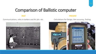 Comparison of Ballistic computer
PAST
Communications, roles in tankers and Air jets etc.
PRESENT
Calculations for Design, Aim accuracy, Testing.
11
 