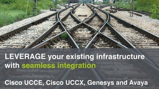 LEVERAGE your existing infrastructure 
with seamless integration 
Cisco UCCE, Cisco UCCX, Genesys and Avaya 
 