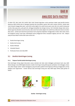 15@2014, Pusdata, Kementerian Pekerjaan Umum
Bimbingan Teknis Pemetaan dan SIG
Di dalam SIG, data raster dan analisis data raster banyak digunakan untuk pemetaan obyek yang bersifat kontinu
(batasnya tidak terlihat jelas di lapangan/ gradual) dan pemodelan spasial, baik statis maupun dinamis. Analisa data
raster banyak menggunakan peta—peta hasil analisa digital citra satelit karena peta raster dan citra satelit mempunyai
struktur data yang sama, yaitu grid cell, sehingga kompatibel satu dengan lainnya. Hal ini berbeda dengan data vector,
dimana agar bisa dianalisis secara bersama, data raster hasil analisa digital citra satelit harus dikonversi dulu ke struktur
data vector. Contoh jenis fenomena permukaan bumi yang biasa dipetakan menggunakan struktur data raster antara
lain topografi, lereng, curah hujan, kelembapan tanah, penggunaan lahan, kerapatan vegetasi, dan lain—lain. Adapun
yang termasuk dalam analisis data raster antara lain :
1. Analisis Kemiringan Lereng
2. Analisis Arah Lereng
3. Analisis Hillshade
4. Interpolasi Spasial
5. Pembuatan Kontur dari data DEM
3.1 Analisis Kemiringan Lereng
3.1.1 Tinjauan Teoritis Analisis Kemiringan Lereng
Peta kemiringan lereng dapat diturunkan secara otomatis dari data raster ketinggian permukaan bumi atau lebih
dikenal dengan nama DEM (digital elevation model). Kemiringan lereng dihitung dari perbedaan nilai ketinggian antara
satu piksel dengan piksel—piksel tetangganya yang kemudian gradient kemiringannya dihitung menggunakan prinsip
pitagoras dan trigonometri. Contoh derivasi data kemiringan lereng dari data DEM dapat dilihat pada gambar di
bawah.
Gambar . Kemiringan Lereng
BAB III
ANALISIS DATA RASTER
 