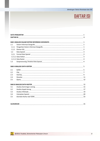 iii@2014, Pusdata, Kementerian Pekerjaan Umum
Bimbingan Teknis Pemetaan dan SIG
KATA PENGANTAR ii
DAFTAR ISI iii
BAB I ANALISIS DALAM SISTEM INFORMASI GEOGRAFIS 1
1.1 Sistem Informasi Geografis 1
1.1.1 Pengertian Sistem Informasi Geografis 1
1.1.2 Elemen SIG 2
1.2 Data Spasial 3
1.2.1 Format Data Spasial 3
1.2.1.1 Data Vektor 3
1.2.1.2 Data Raster 4
1.3 Geoprocessing / Analisis Data Spasial 4
BAB II ANALISIS DATA VEKTOR 5
2.1 Buffer 5
2.2 Clip 7
2.3 Overlay 9
2.4 Dissolve 11
2.5 Query 12
BAB III ANALISIS DATA RASTER 15
3.1 Analisis Kemiringan Lereng 15
3.2 Analisis Aspek lereng 17
3.3 Analisis Hillshade 19
3.4 Interpolasi Spasial 20
3.5 Ekstraksi Kontur dari DEM 23
GLOSARIUM 25
DAFTAR ISI
 