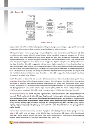 2@2014, Pusdata, Kementerian Pekerjaan Umum
Bimbingan Teknis Pemetaan dan SIG
1.1.2 Elemen SIG
Gambar 1. Elemen SIG
Sebagai sebuah sistem, SIG terdiri dari beberapa elemen fungsional yang mempunyai tugas - tugas spesifik. Elemen SIG
meliputi input data, manajemen data, manipulasi dan analisis data serta keluaran informasi.
Data input merupakan elemen yang bertugas mengatur bagaimana data mentah dimasukkan ke dalam SIG. Data
yang dapat menjadi masukan dalam SIG antara lain peta (analog atau dijital), pengukuran lapangan, data GPS, foto
udara dan citra satelit, DEM, data statistik dalam bentuk laporan dan tabel , serta berbagai jenis data lainnya. Teknik
input data ke dalam SIG juga terdapat berbagai macam cara. Untuk data peta dalam bentuk cetak dapat dimasukkan ke
dalam SIG dengan menggunakan teknik dijitasi manual menggunakan digitizer. Sedangkan untuk data peta hasil scan-
ning dapat dimasukkan dalam SIG menggunakan teknik on-screen digitizing atau konversi raster ke vektor. Data foto
udara dan citra satelit dapat diekstrak informasinya menggunakan teknik on-screen digitizing (untuk interpretasi visual)
atau import raster (untuk hasil analisis dijital). Untuk data GPS dapat dimasukkan ke dalam SIG dengan menggunakan
teknik COGO (coordinate geometry) atau menggunakan fasilitas import GPS data dari software SIG. Sedangkan untuk
data statistik dan data spasial dijital lain dapat dimasukkan ke dalam SIG menggunakan fasilitas eksport-import data
yang biasanya tersedia di setiap software.
Setelah dimasukkan ke dalam SIG, data kemudian dikelola dan disimpan dalam sebuah basis data spasial. Proses
pengelolaan data meliputi editing data dan cara penyimpanan data. Editing data diperlukan karena biasanya data
yang masuk ke dalam SIG masih memiliki kesalahan sebagai akibat dari proses input data maupun proses import
datanya. Penyimpanan data terkait bagaimana cara penyimpanan data ke dalam basis data spasial agar nantinya ketika
data dipanggil (retrieval) untuk analisa tertentu dapat berjalan optimal, efektif dan efisien. Terdapat berbagai jenis
model penyimpanan basis data di dalam SIG, masing - masing mempunyai kelebihan dan kekurangan tersendiri.
Manipulasi dan analisis data adalah mengenai bagaimana data diolah dan dianalisis untuk menghasilkan sebuah
informasi. Teknik analisa data di dalam SIG dapat dibagi menjadi 2 kategori, yaitu teknik analisis data spasial dan
teknik analisis data atribut. Yang termasuk dalam kategori analisis spasial antara lain pengukuran (measurement),
reklasifikasi spasial (spatial reclassification), analisa jaringan, analisa permukaan (surface analysis), vector geopro-
cessing (overlay, clipping, buffer, extraction, merging), dan raster geoprocessing (filter, reklasifikasi, map algebra,
majority analysis, interpolasi). Sedangkan yang termasuk teknik analisis data atribut antara lain query, join table,
analisa statistik.
Informasi hasil manipulasi dan analisis kemudian ditampilkan dalam berbagai bentuk. Bentuk paling umum dari
keluaran SIG adalah peta, baik dalam bentuk dijital di layar monitor, disket, CD ataupun dalam format cetak
(hardcopy). Bentuk keluaran yang lain bisa berupa tabel, grafik, maupun laporan. Hasil keluaran analisis juga bisa
disimpan kembali dalam basis data yang dapat dimanfaatkan untuk aplikasi lain.
 