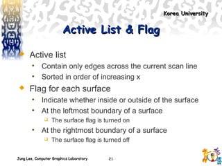 Jung Lee, Computer Graphics LaboratoryJung Lee, Computer Graphics Laboratory
Korea UniversityKorea University
21
Active List & FlagActive List & Flag
 Active list
• Contain only edges across the current scan line
• Sorted in order of increasing x
 Flag for each surface
• Indicate whether inside or outside of the surface
• At the leftmost boundary of a surface
 The surface flag is turned on
• At the rightmost boundary of a surface
 The surface flag is turned off
 