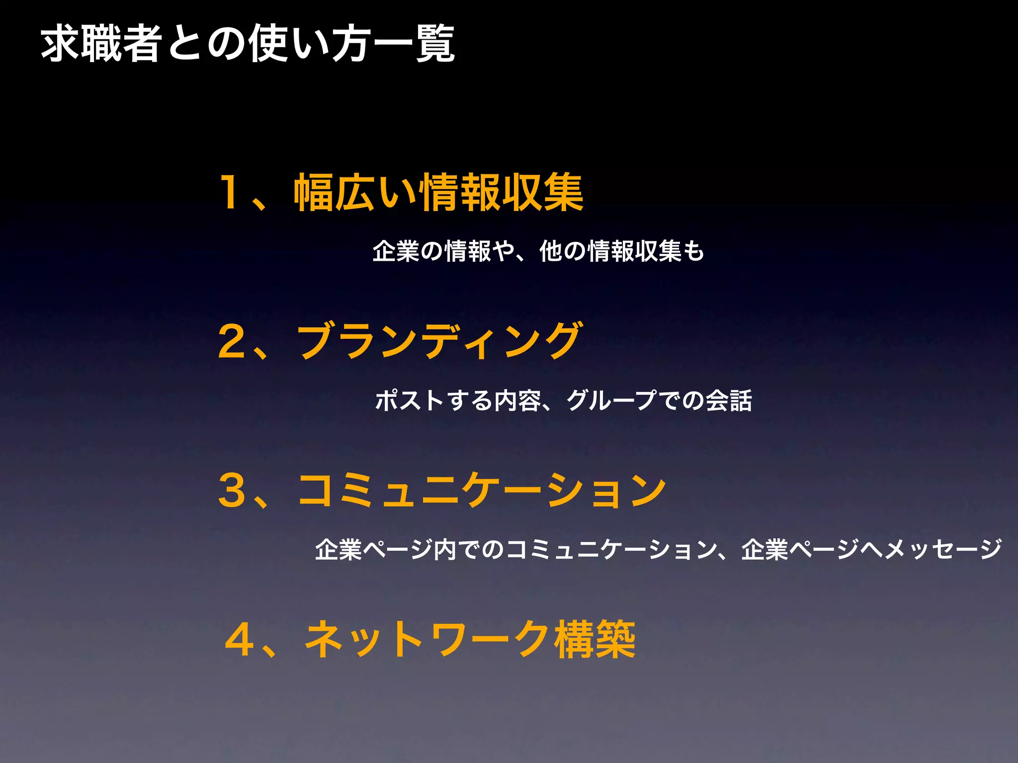 求職者との使い方一覧


    １、幅広い情報収集
        企業の情報や、他の情報収集も



    ２、ブランディング
        ポストする内容、グループでの会話



    ３、コミュニケーション
      企業ページ内でのコミュニケーション、企業ページへメッセージ



    ４、ネットワーク構築
 