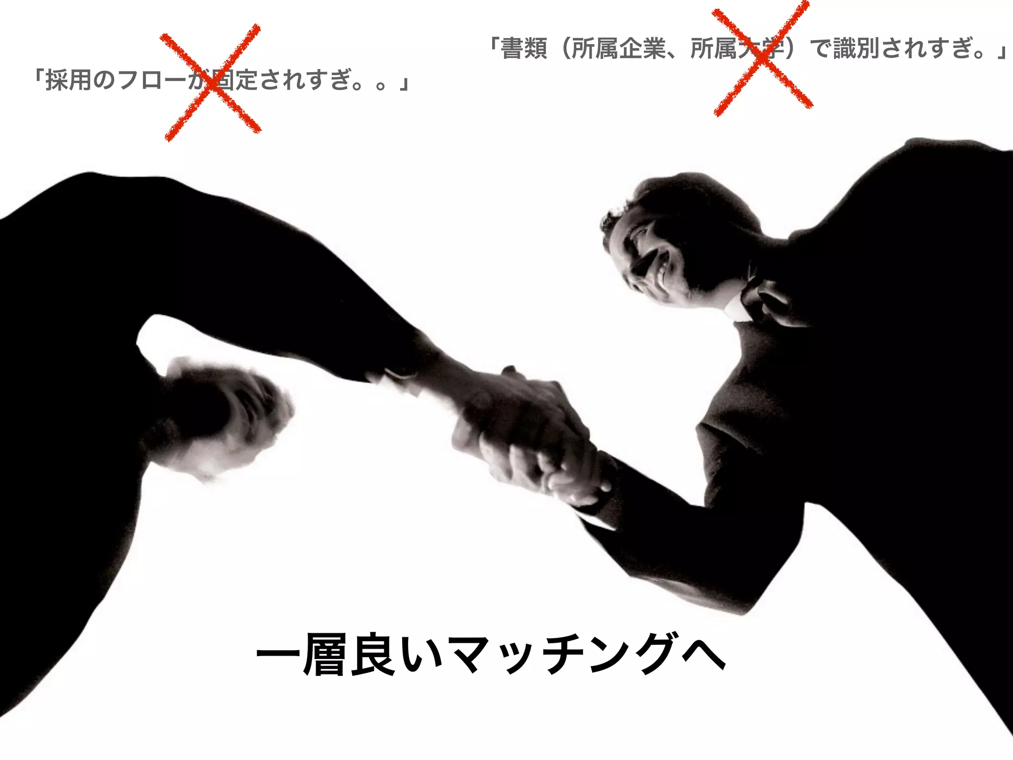 「書類（所属企業、所属大学）で識別されすぎ。」
「採用のフローが固定されすぎ。。」




         一層良いマッチングへ
 