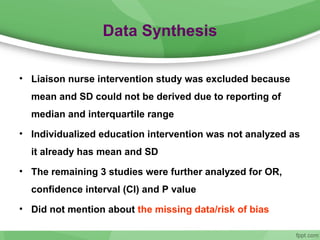 Data Synthesis
• Liaison nurse intervention study was excluded because
mean and SD could not be derived due to reporting of
median and interquartile range
• Individualized education intervention was not analyzed as
it already has mean and SD
• The remaining 3 studies were further analyzed for OR,
confidence interval (CI) and P value
• Did not mention about the missing data/risk of bias
 