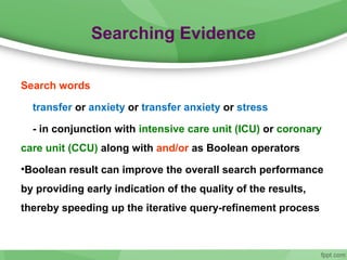 Searching Evidence
Search words
transfer or anxiety or transfer anxiety or stress
- in conjunction with intensive care unit (ICU) or coronary
care unit (CCU) along with and/or as Boolean operators
•Boolean result can improve the overall search performance
by providing early indication of the quality of the results,
thereby speeding up the iterative query-refinement process
 