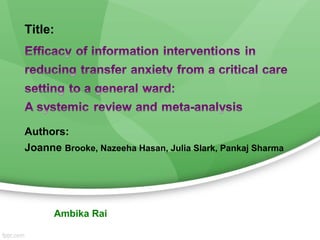 Title:
Authors:
Joanne Brooke, Nazeeha Hasan, Julia Slark, Pankaj Sharma
Ambika Rai
 