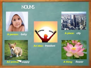 NOUNS
A person: baby
An animal: puppy A thing: flower
A place: city
An idea: freedom
 