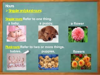 Nouns
Singularandpluralnouns:
Singularnouns:Refer to one thing.
a baby, a puppy, a flower
Pluralnouns:Refer to two or more things.
babies, puppies, flowers
 